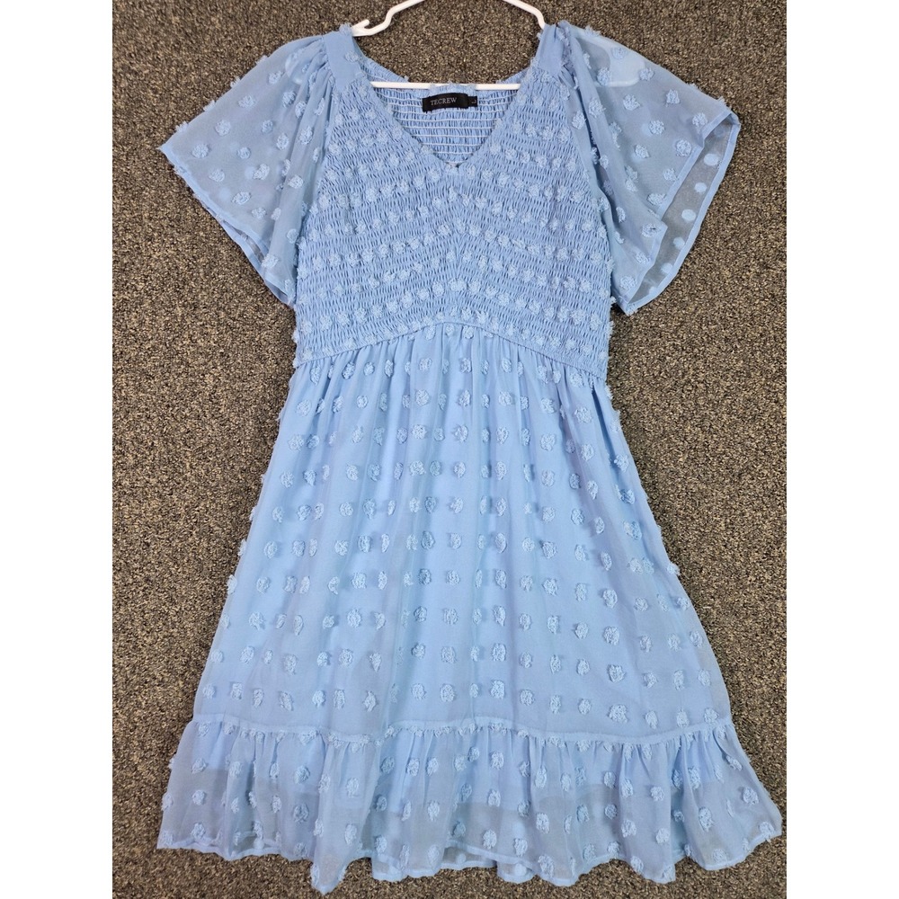 TECREW Mini Dress Womens Large Blue Smocked Swiss Dot Flutter Sleeve V-Neck